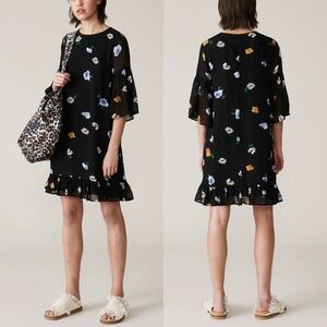 GANNI Dainty Georgette Floral Half Sleeve Flutter Mini Dress